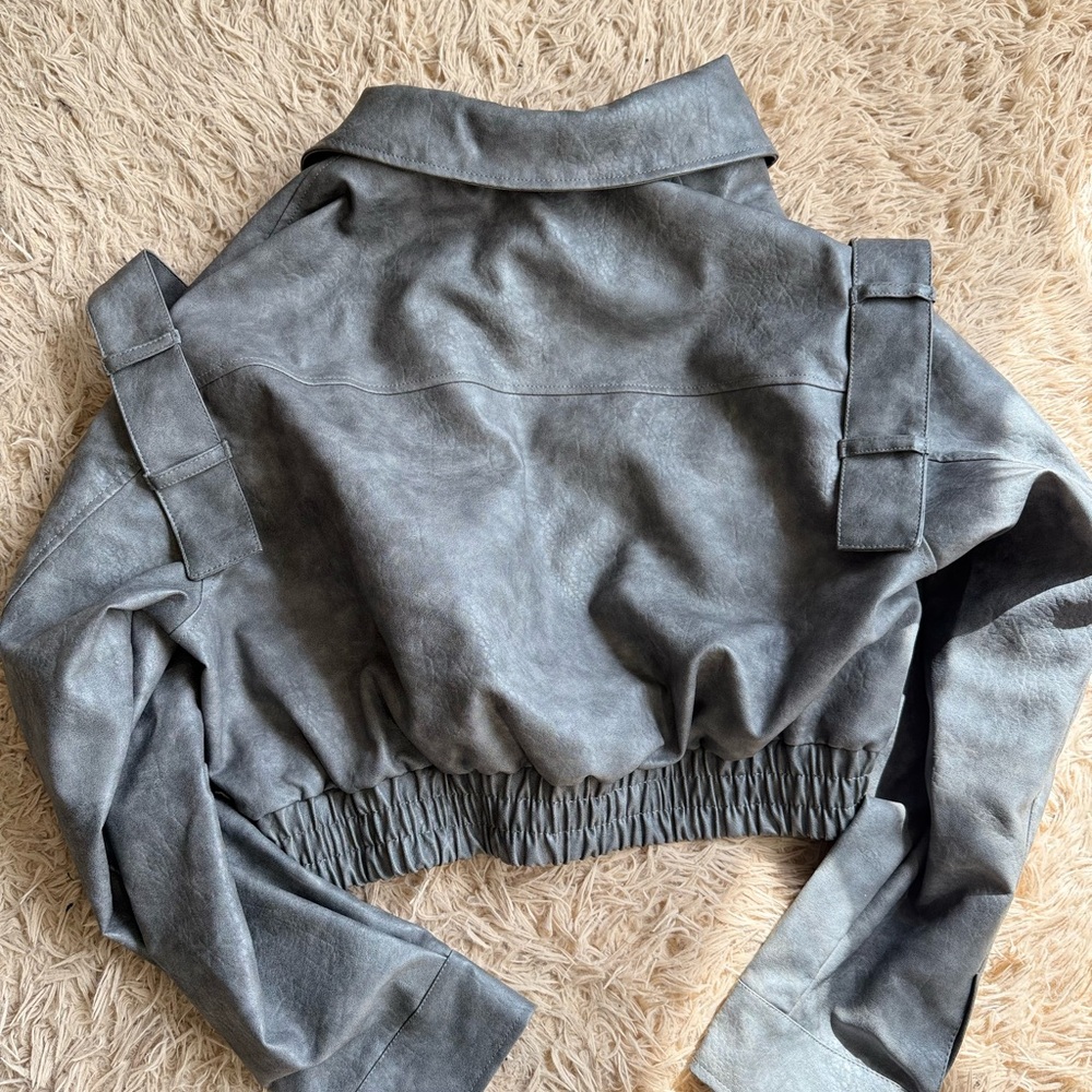Grey Faux Leather Cropped Jacket - Picture 4 of 5